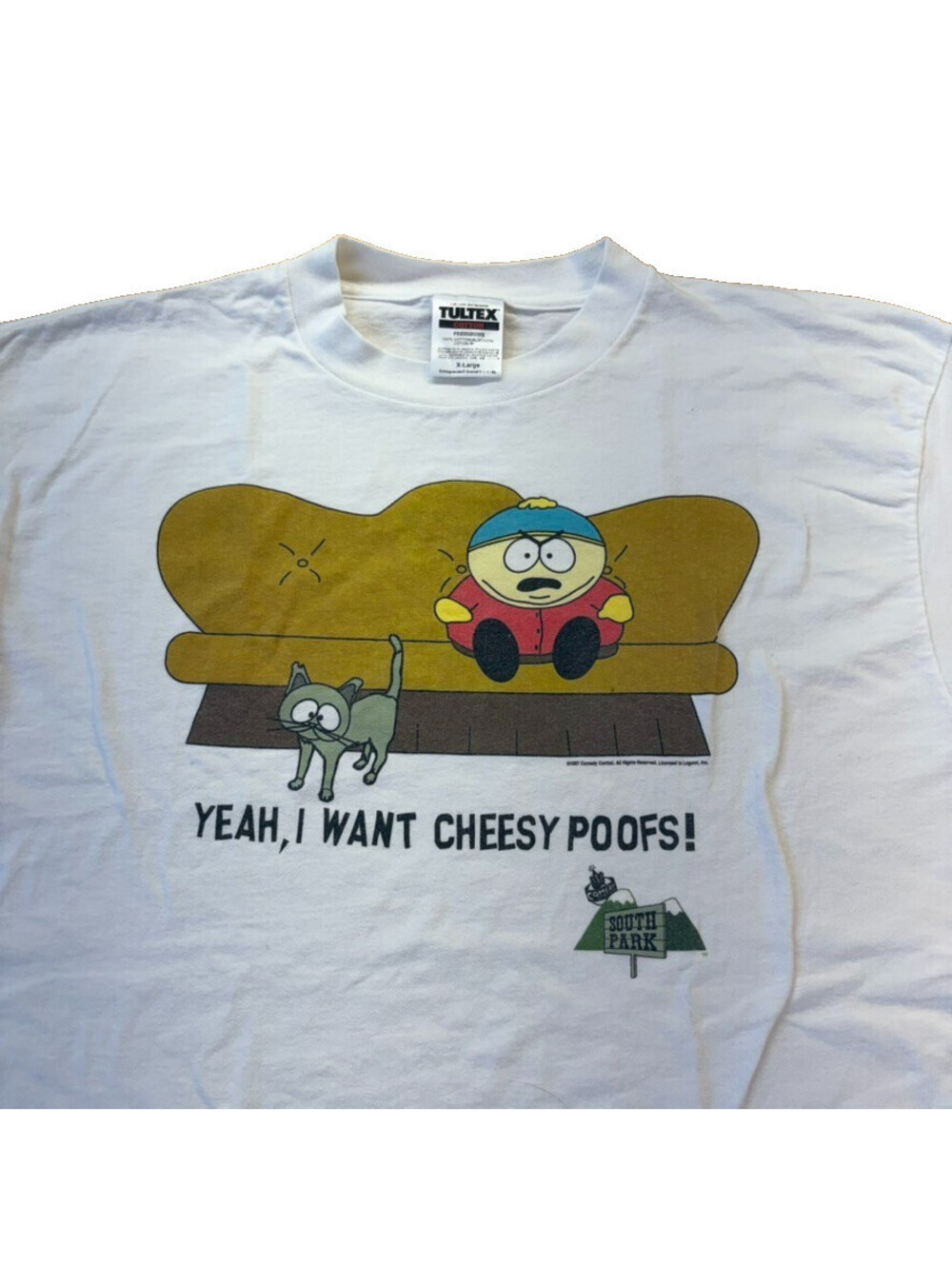 Vintage 1997 South Park Cartman Cheesy Poofs Tee XL White Tultex 90s Funny Tee
